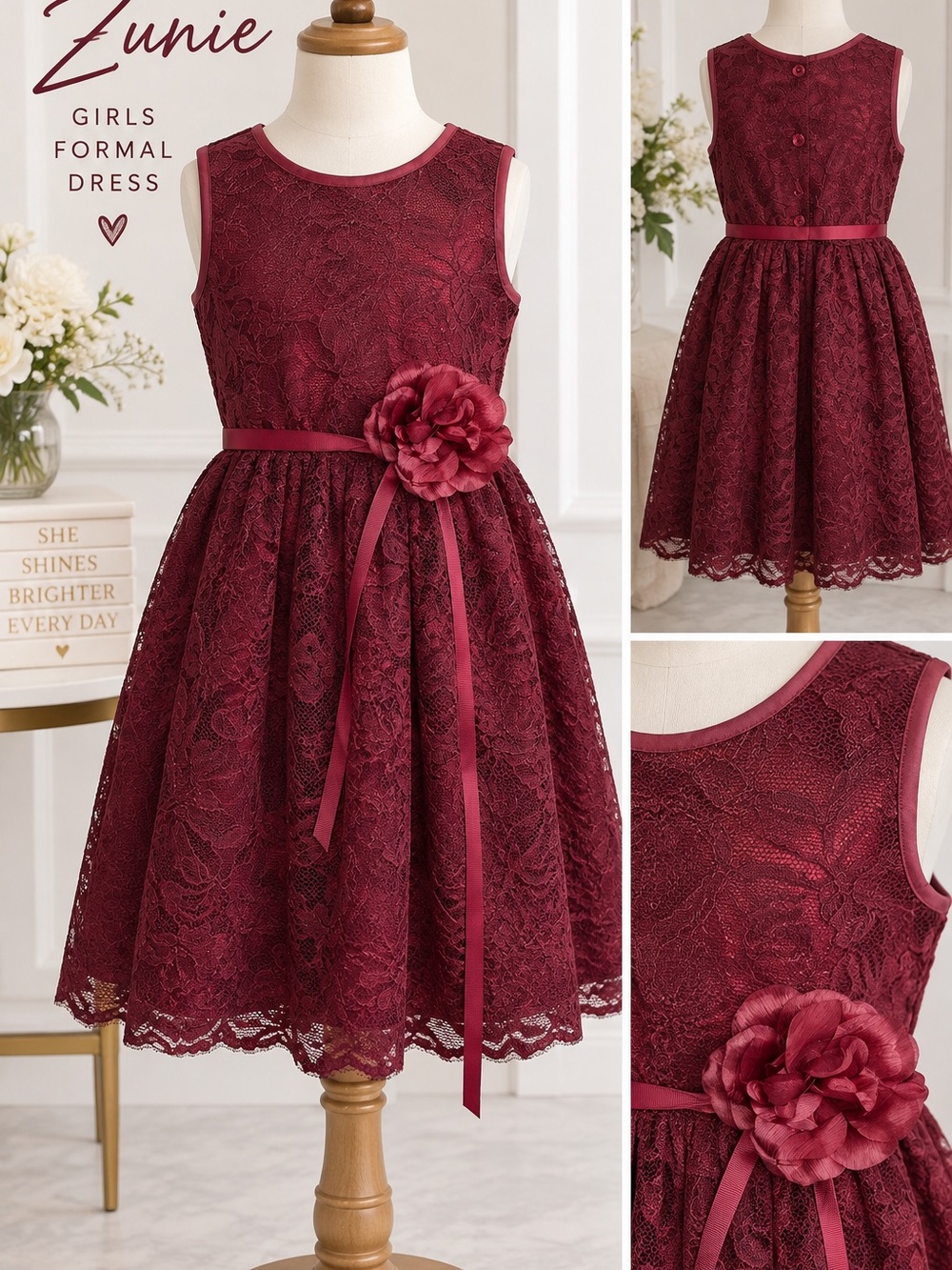 Zunie Girls Size 10 Burgundy Lace Formal Party Dress Flower Sash Wedding Holiday